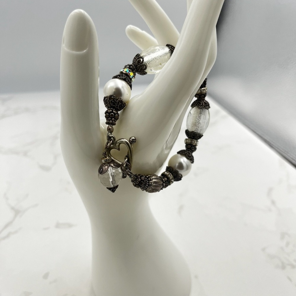 Vintage Elegant Silver Tone Pearl Crystal‎ Bead Bead Heart Toggle Clasp Bracelet